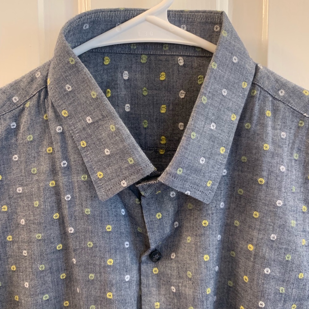 Cotton blue grey shirt yellow green woven dots 16 - Picture 4 of 8